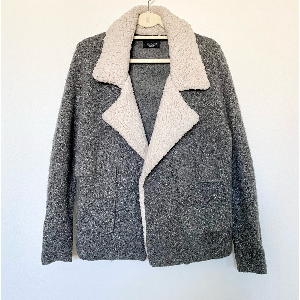 Zara Knit Open Front Shearling Collar Jacket Size S
